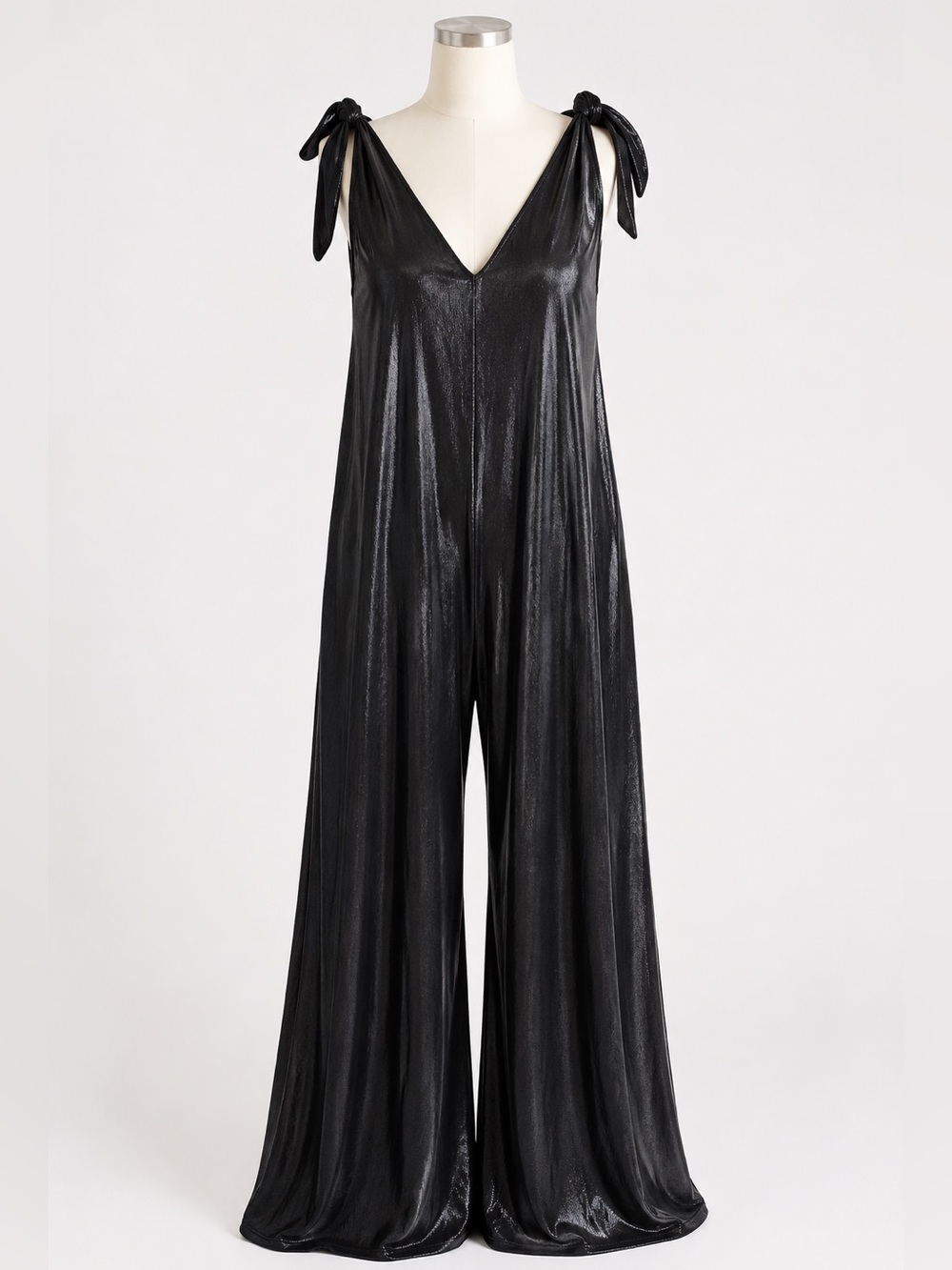 KPY Lounge Black Shimmer Wide Leg Tie Strap Jumpsuit One Size